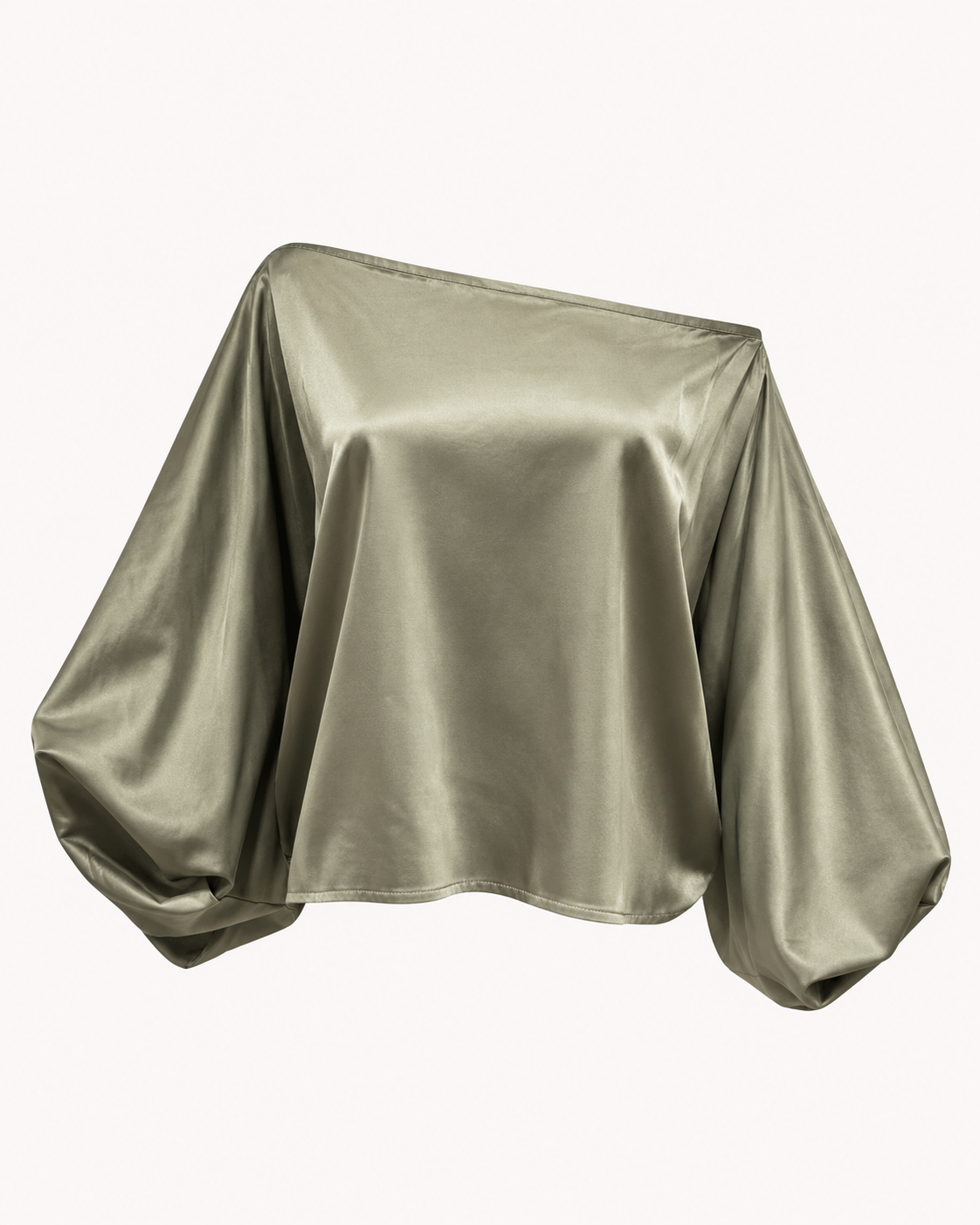 Top satiné vert kaki manches bouffantes encolure une épaule OR SHÉLI