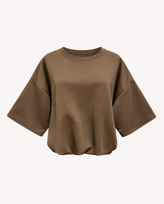 Tee-shirt ballon uni marron effet blousant manches longues - OR SHÉLI