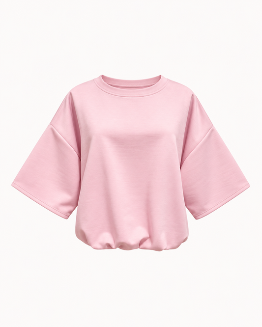Tee-shirt ballon uni rose poudré effet blousant manches coudes